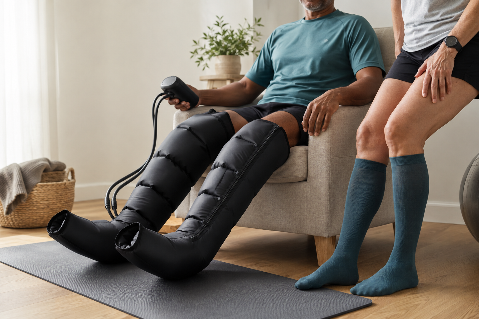 Adult wearing pneumatic compression boots beside another adult wearing knee-high compression socks