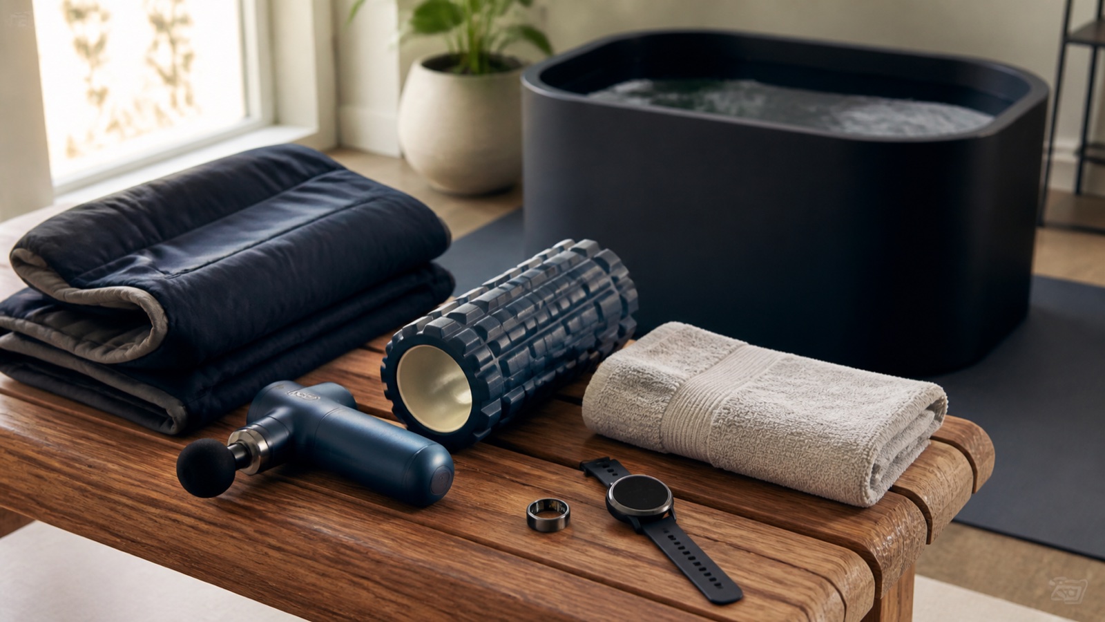 Recovery technology including a massage gun, foam roller, fitness watch, smart ring, compression gear, and cold plunge tub.