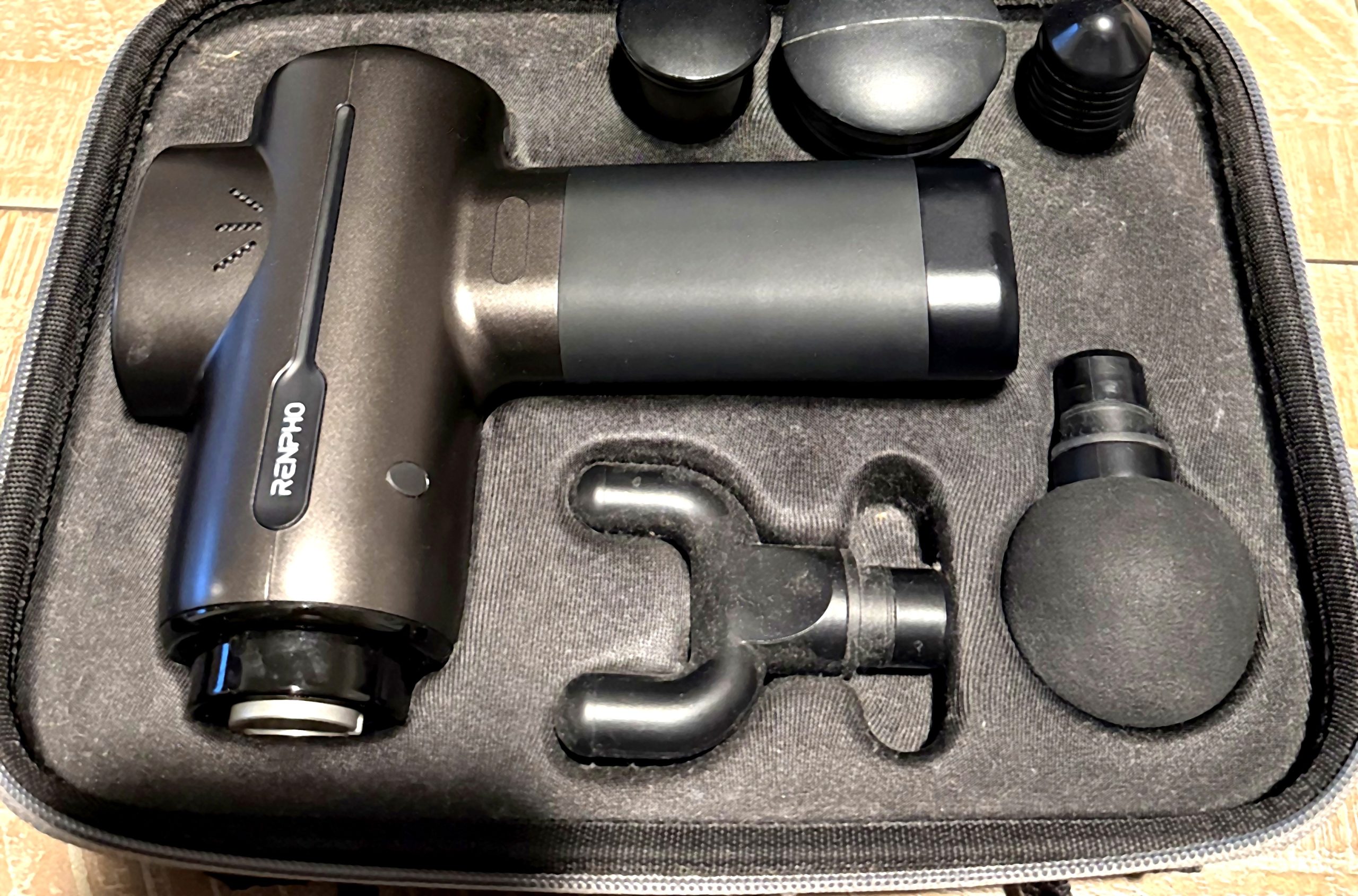 RENPHO Active Massage Gun RP-GM171 with five attachments in its carrying case