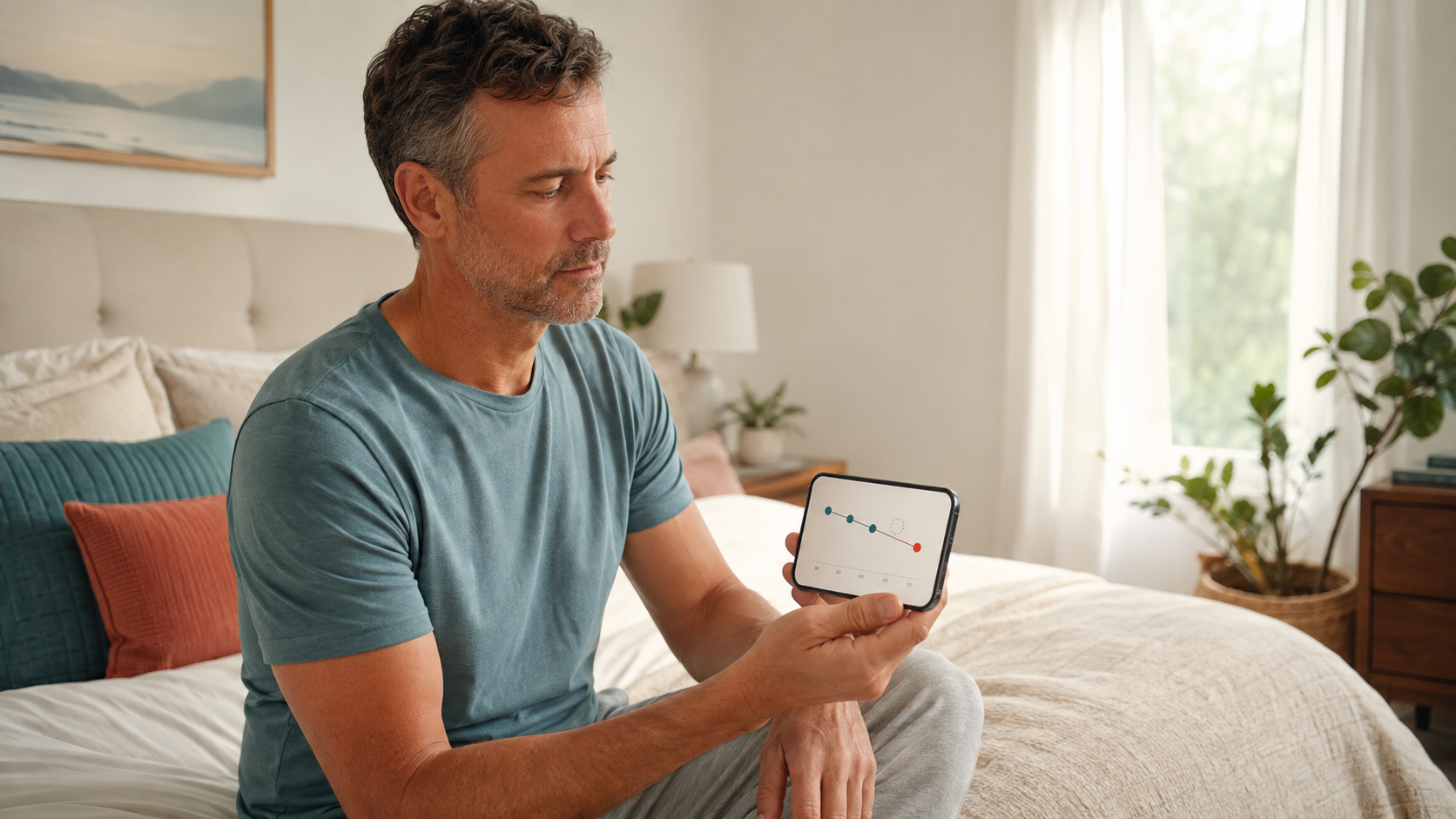 Man reviewing a missing or low overnight HRV trend on a smartphone beside his bed